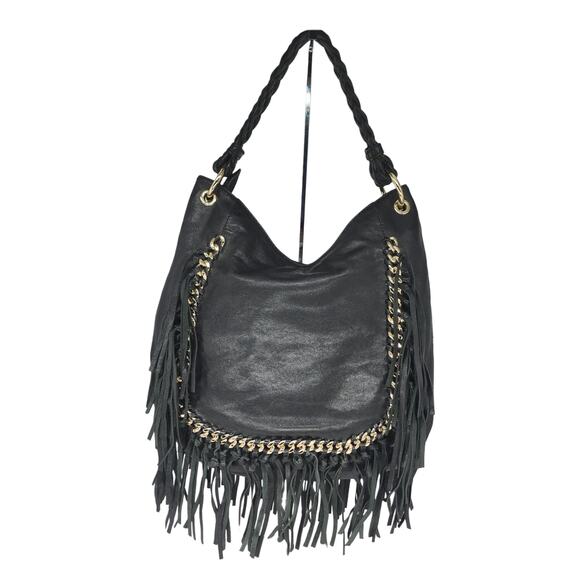 Michael Kors Hobo Bag Purse Black Leather Fringe Gold Chain Braided Slouchy Boho - Picture 2 of 16